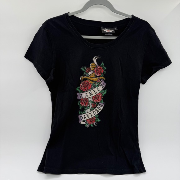 Harley-Davidson Tops - Harley Davidson Womens Black‎ Rhinestone Rose Dagger T-Shirt Large Made in USA